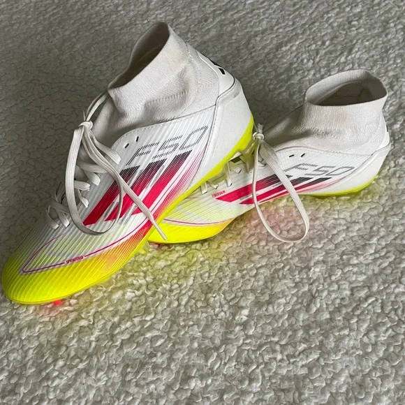 adidas Women's F50 League FG/MG Mid Soccer Cleats 7.5 white pink neon yellow - Picture 4 of 8